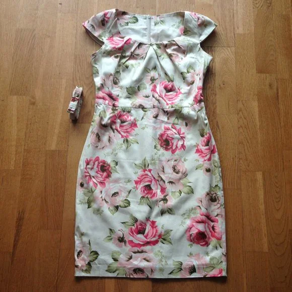 Floral Midi Cap-sleeve Belted Sheath Dress - Picture 2 of 12